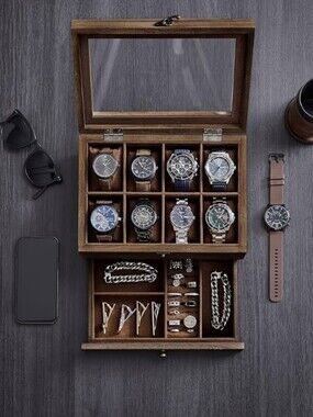 2-tier Jewelry Case Organizer With 8-Slot Watch Box, Glass Lid & Velvet Lining